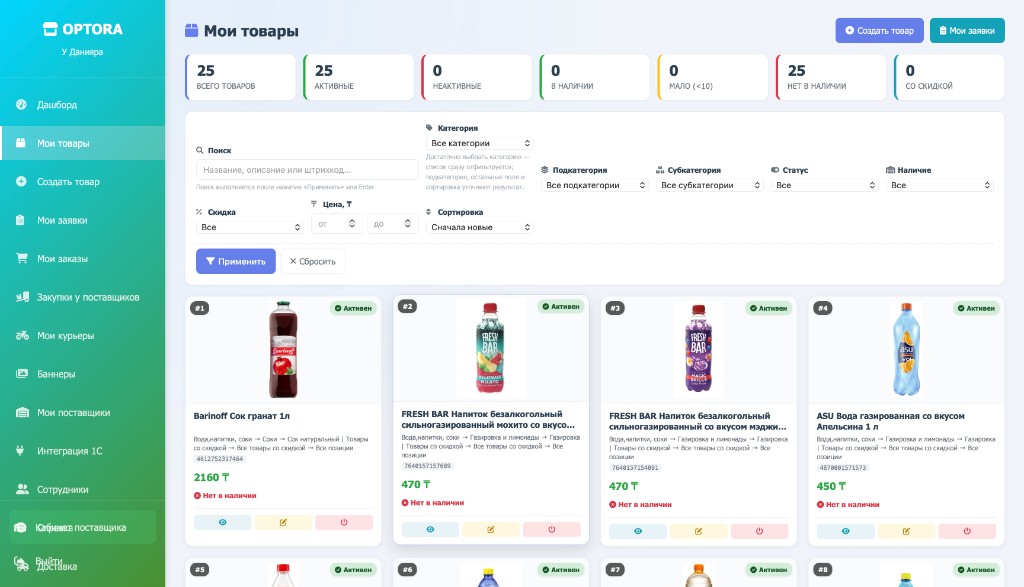 Мои товары в кабинете OPTORA